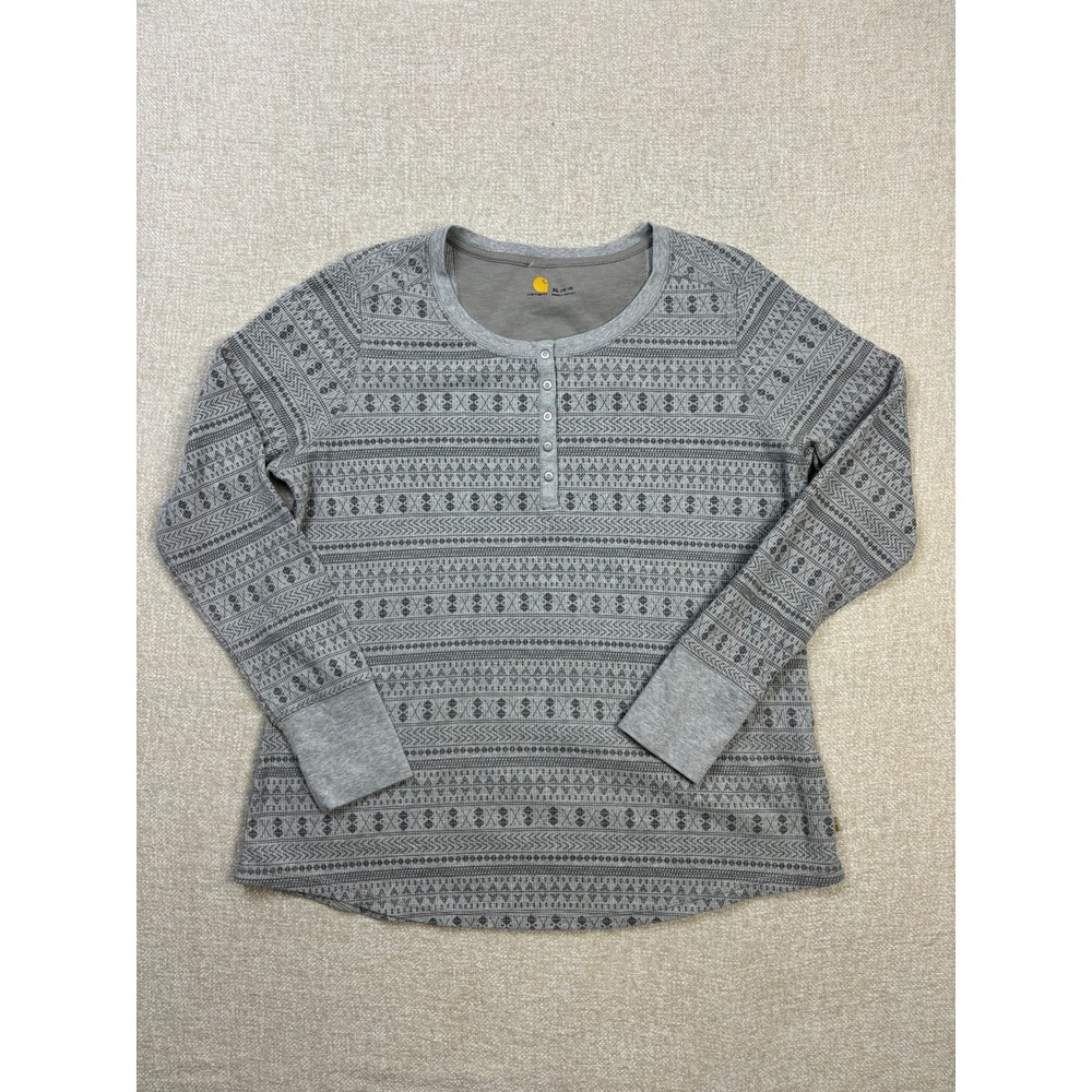 Carhartt Womens XL Grey Geometric Fair Isle Waffle Knit Henley Top